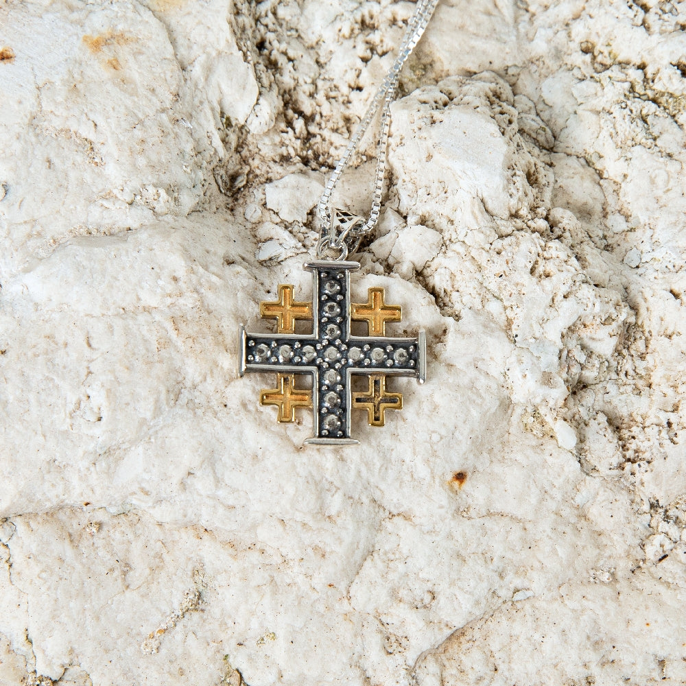 Beaded Two-Tone Jerusalem Cross Pendant Necklace in 925 Sterling Silver – flat lay