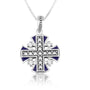 Beaded blue enamel Jerusalem Cross pendant in 925 sterling silver with cubic zirconia accents by Marina Jewelry