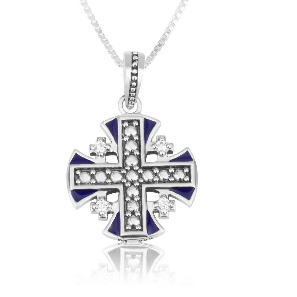 Beaded blue enamel Jerusalem Cross pendant in 925 sterling silver with cubic zirconia accents by Marina Jewelry