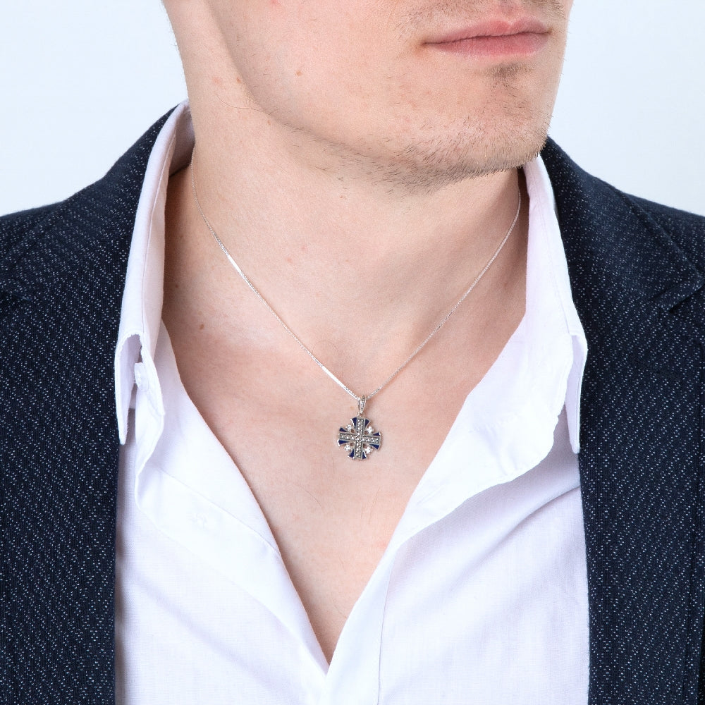 Blue Enamel Jerusalem Cross Pendant Necklace, Beaded Center, 925 Sterling Silver – shown worn, close-up