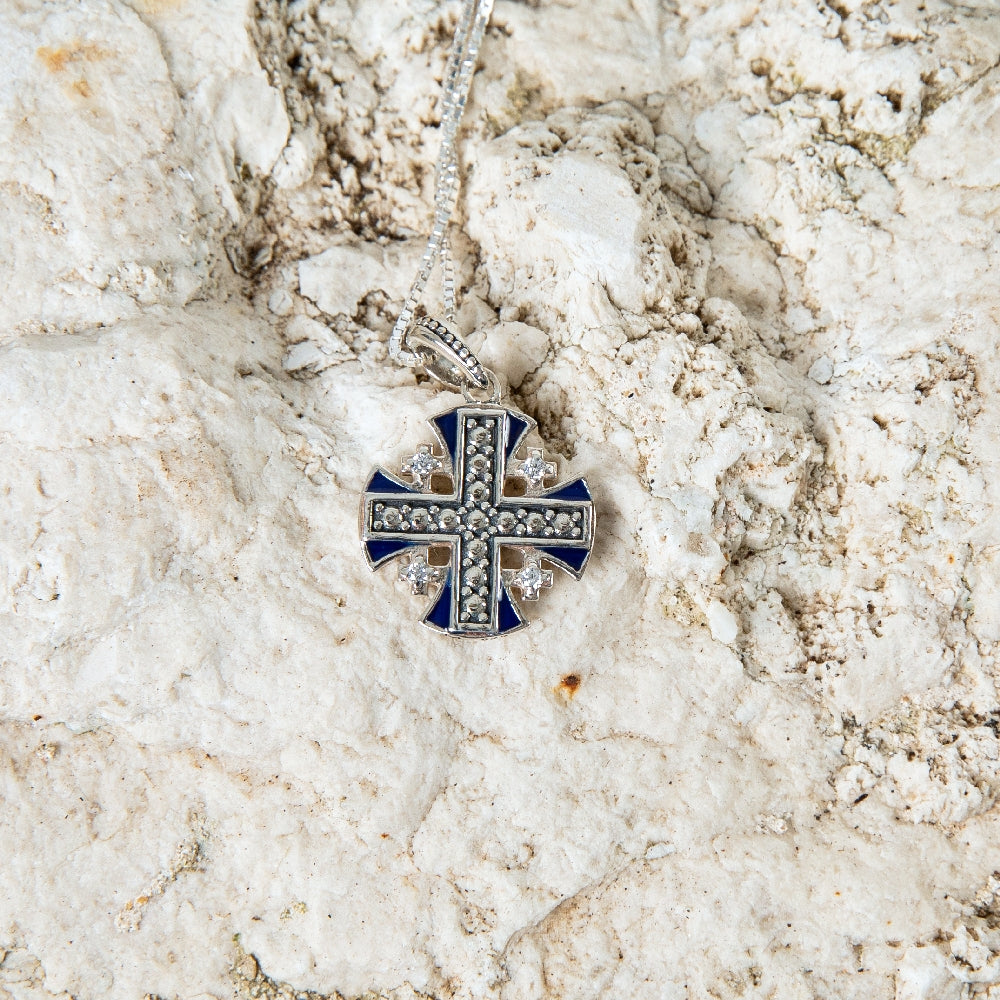 Blue Enamel Jerusalem Cross Pendant Necklace, Beaded Center, 925 Sterling Silver – flat lay