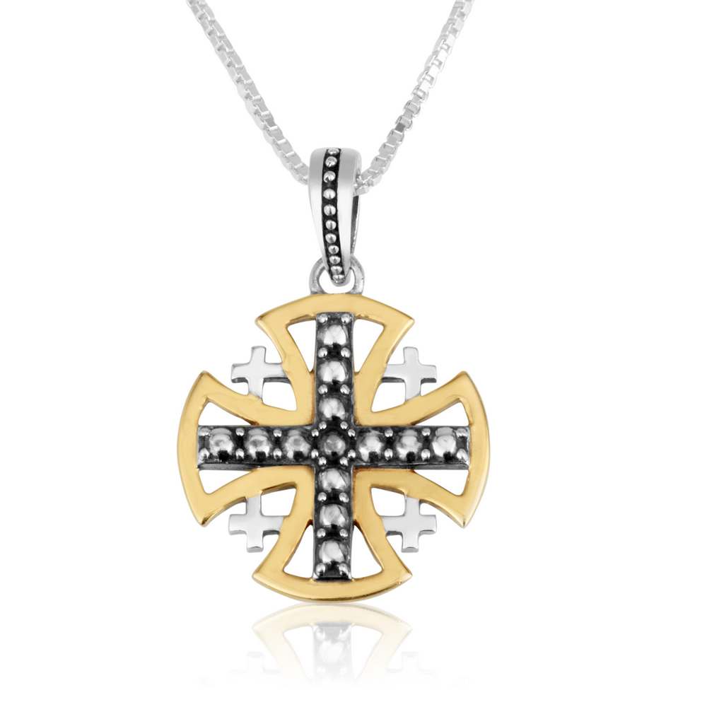 Gold-plated Jerusalem Cross pendant with hand-oxidized beaded silver backdrop by Marina Jewelry