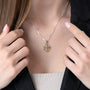 Two-Tone Jerusalem Cross Pendant Necklace, Round Gold Frame, 925 Sterling Silver – shown worn, close-up