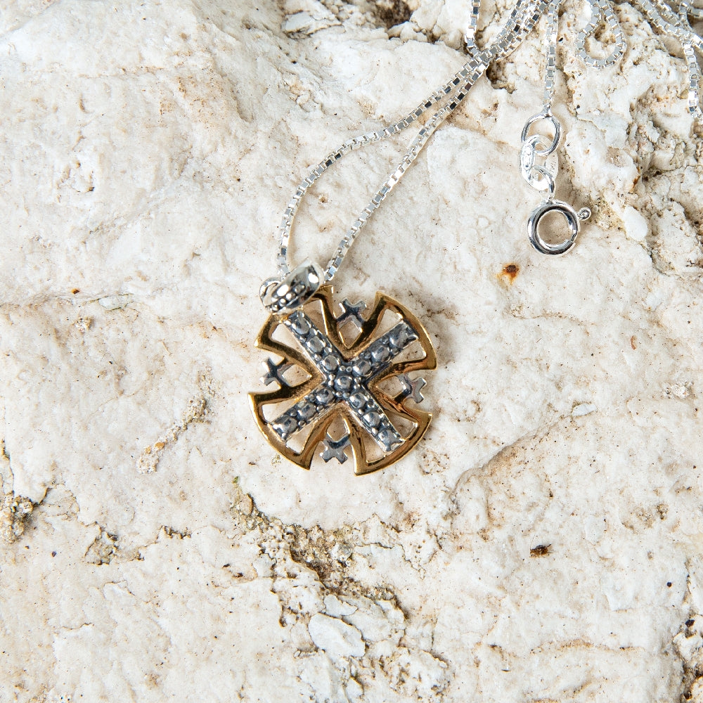 Two-Tone Jerusalem Cross Pendant Necklace, Round Gold Frame, 925 Sterling Silver – flat lay