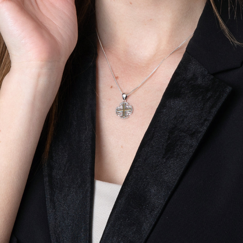Two-Tone Jerusalem Cross Pendant Necklace, Dark Beaded Frame, 925 Sterling Silver – shown worn, close-up