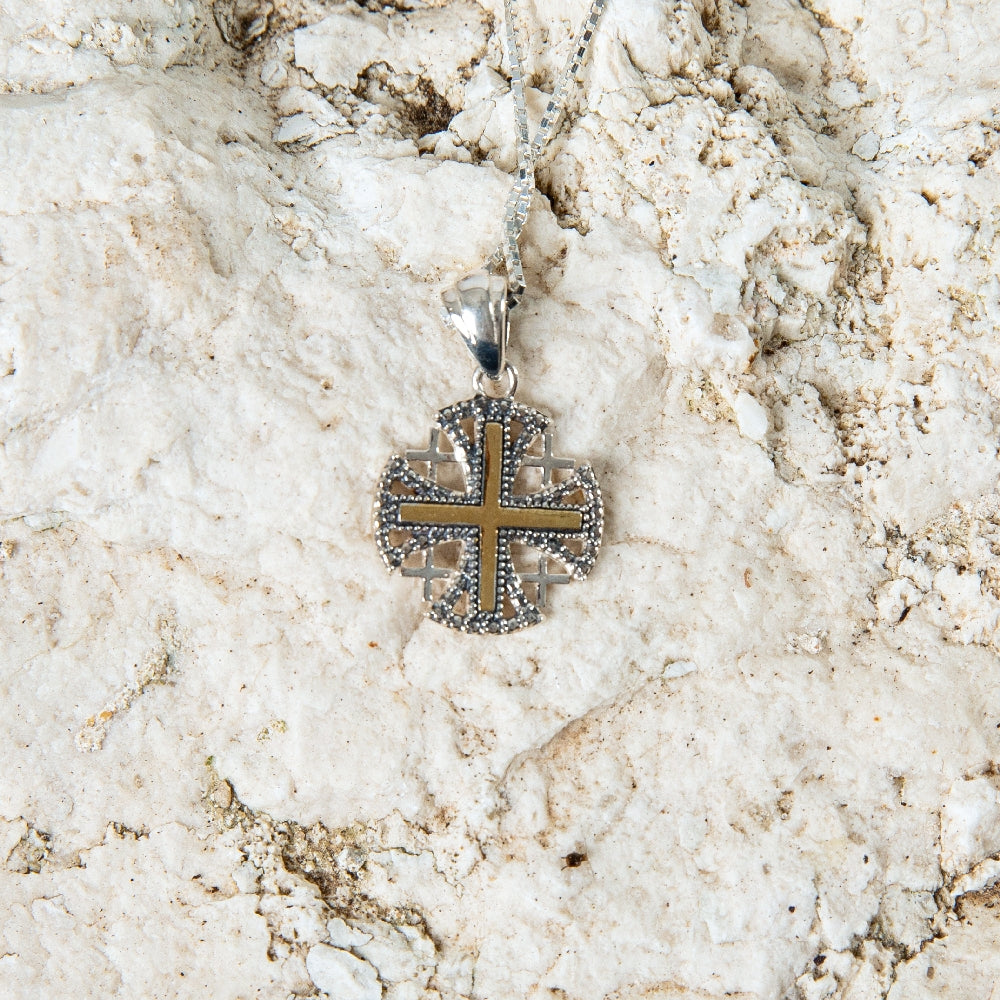 Two-Tone Jerusalem Cross Pendant Necklace, Dark Beaded Frame, 925 Sterling Silver – flat lay