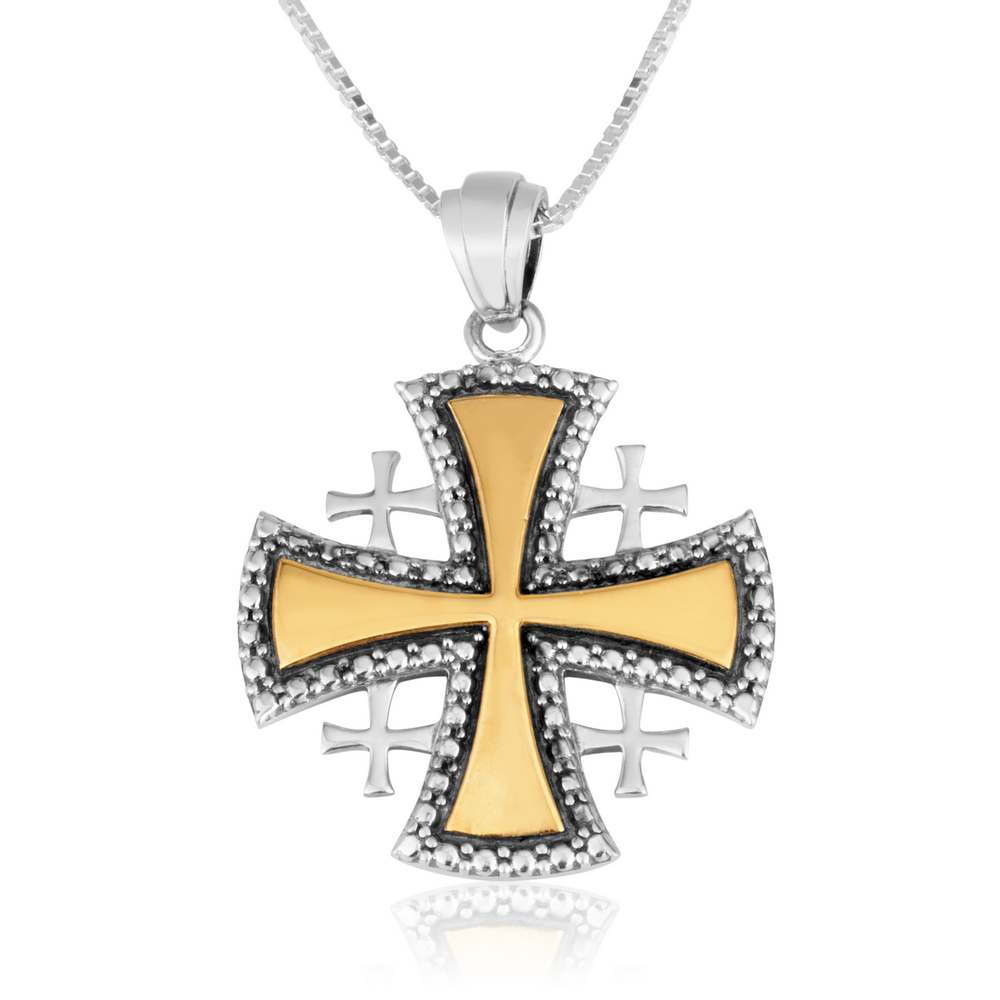 Smooth gold-plated Jerusalem Cross pendant with beaded silver border in 925 sterling silver by Marina Jewelry