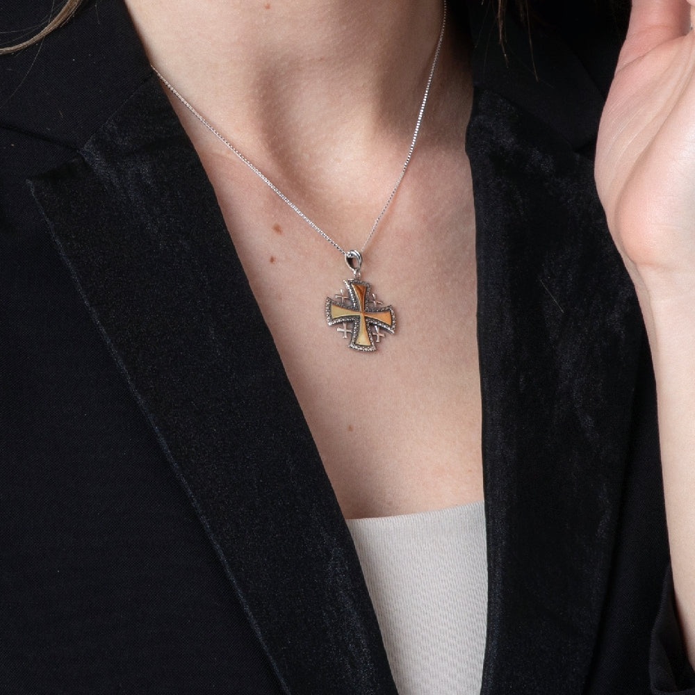 Two-Tone Jerusalem Cross Pendant Necklace, Flared Gold Cross, 925 Sterling Silver – shown worn, close-up