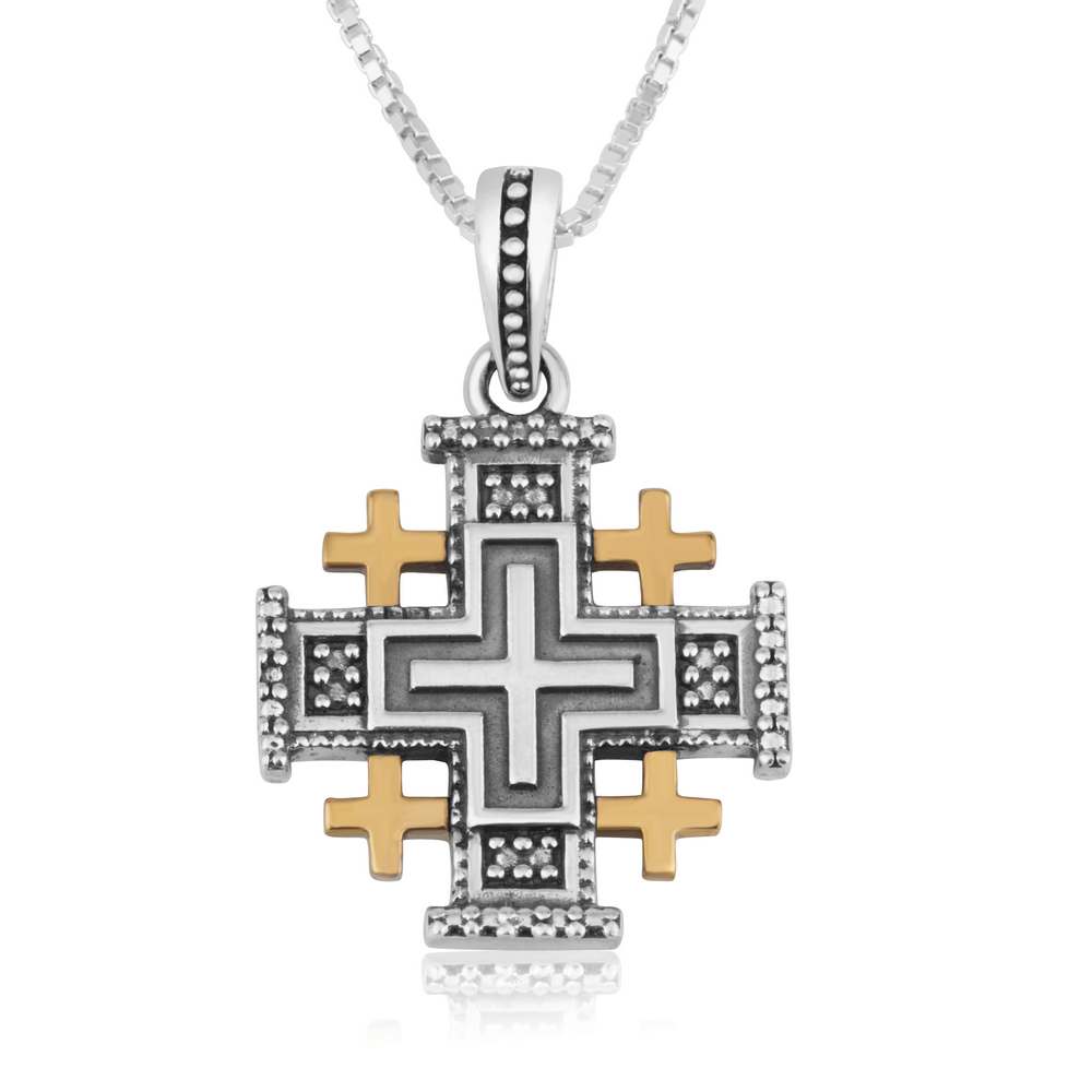 Oxidized Jerusalem Cross pendant with gold-plated corner crosses in 925 sterling silver by Marina Jewelry