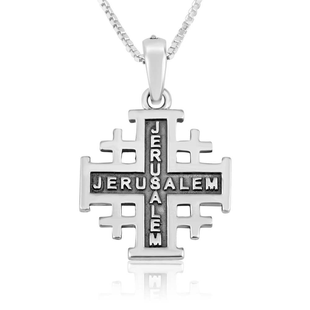 Two-Tone Jerusalem Cross Pendant Necklace, Gold Corners, 925 Sterling Silver – back view