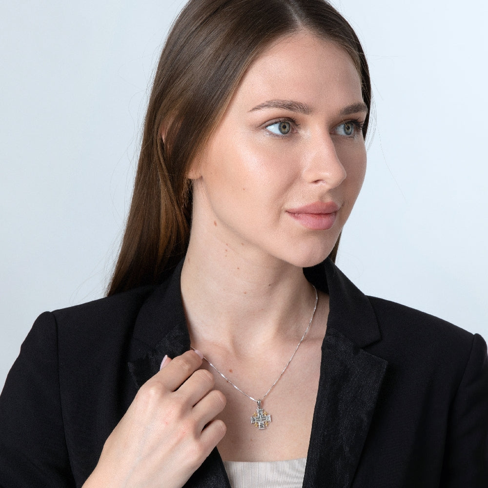 Two-Tone Jerusalem Cross Pendant Necklace, Gold Corners, 925 Sterling Silver – shown worn