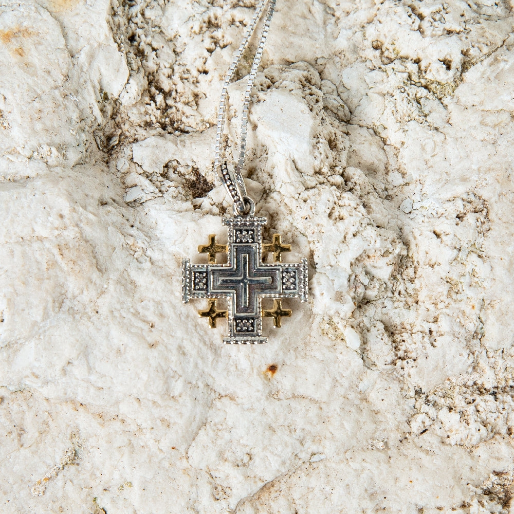 Two-Tone Jerusalem Cross Pendant Necklace, Gold Corners, 925 Sterling Silver – flat lay