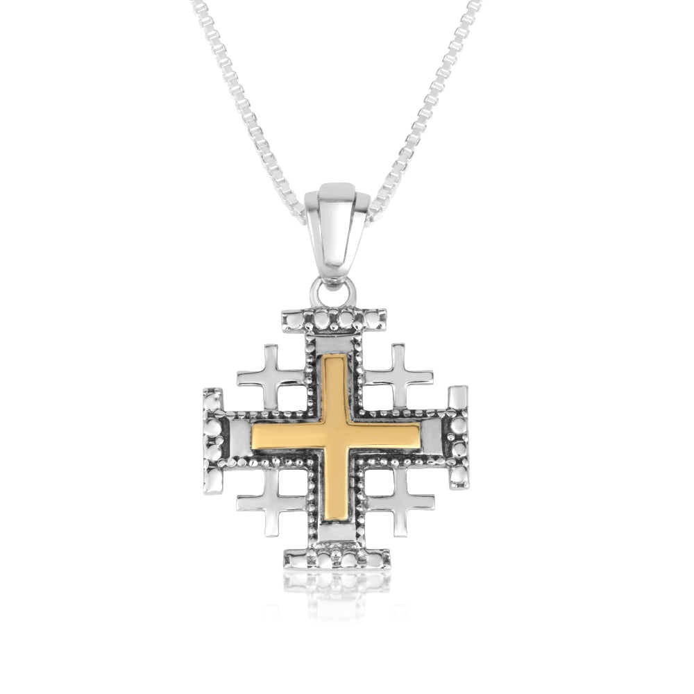 Golden Jerusalem Cross pendant with oxidized silver frame in 925 sterling silver by Marina Jewelry