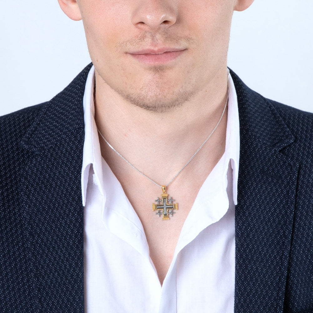 Two-Tone Jerusalem Cross Pendant Necklace, Beaded Outline, Slim Gold Cross, 925 Sterling Silver – shown worn, close-up