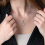 Two-Tone Jerusalem Cross Pendant Necklace, Beaded Outline, Slim Gold Cross, 925 Sterling Silver – shown worn, close-up