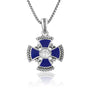 Blue enamel Jerusalem Cross pendant in 925 sterling silver with a center cubic zirconia stone by Marina Jewelry