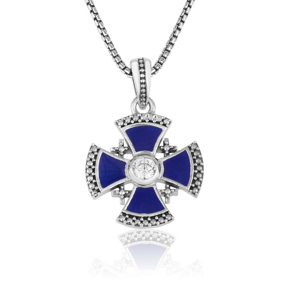 Blue enamel Jerusalem Cross pendant in 925 sterling silver with a center cubic zirconia stone by Marina Jewelry