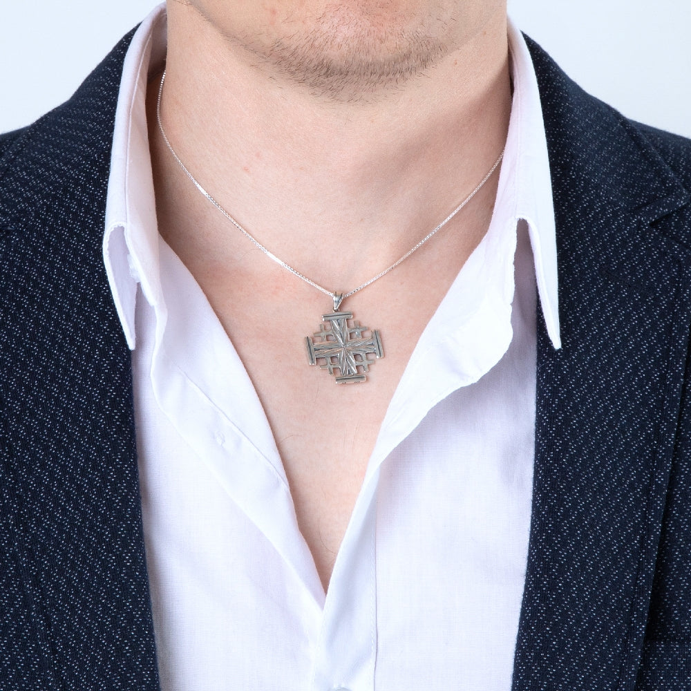 Sunburst Jerusalem Cross Pendant Necklace in 925 Sterling Silver – shown worn, close-up