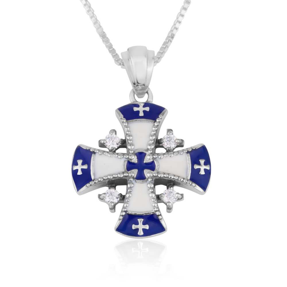Blue and white enamel Jerusalem Cross pendant in 925 sterling silver with cubic zirconia accents by Marina Jewelry