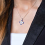 Blue and White Enamel Jerusalem Cross Pendant Necklace in 925 Sterling Silver with Cubic Zirconia – shown worn, close-up