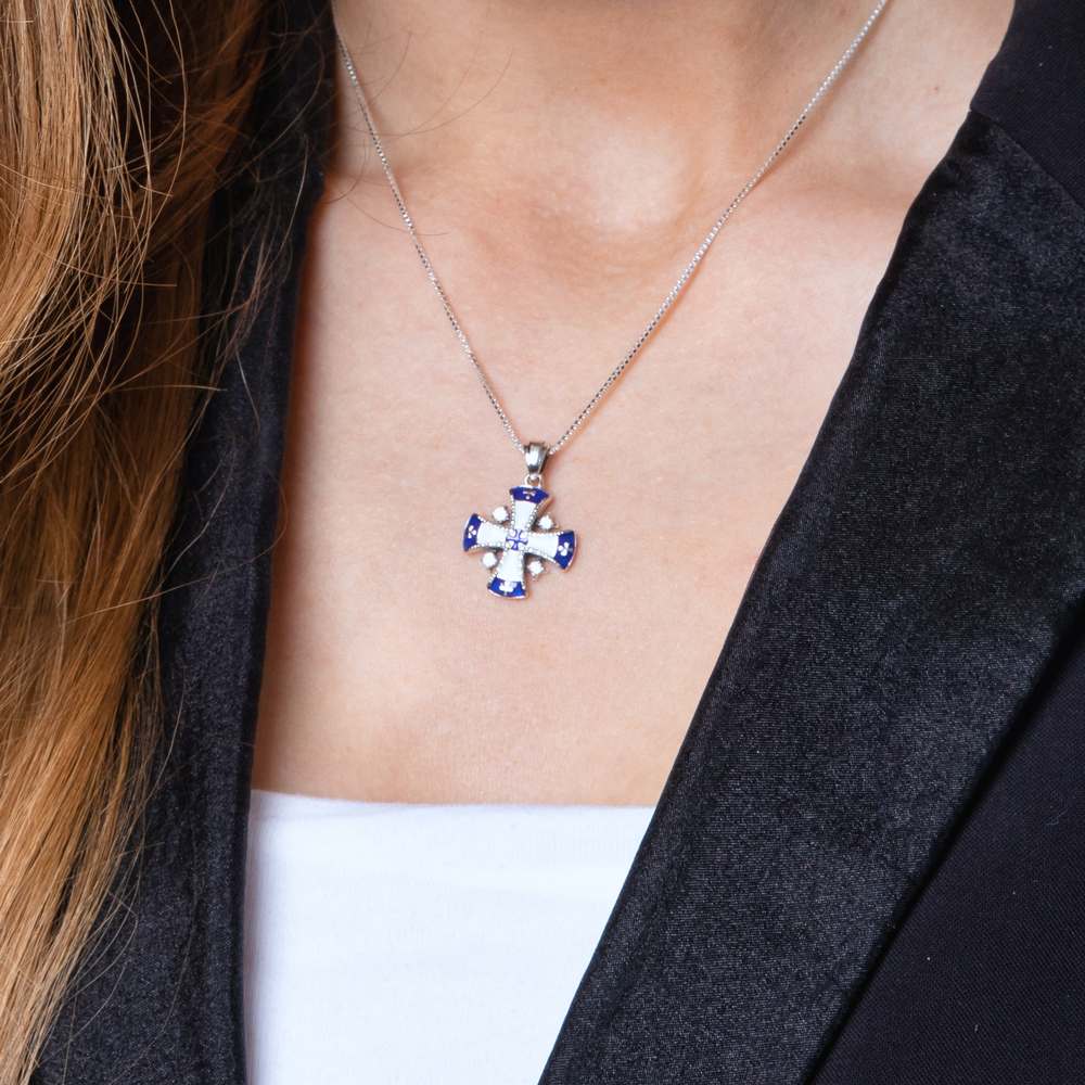 Blue and White Enamel Jerusalem Cross Pendant Necklace in 925 Sterling Silver with Cubic Zirconia – shown worn, close-up