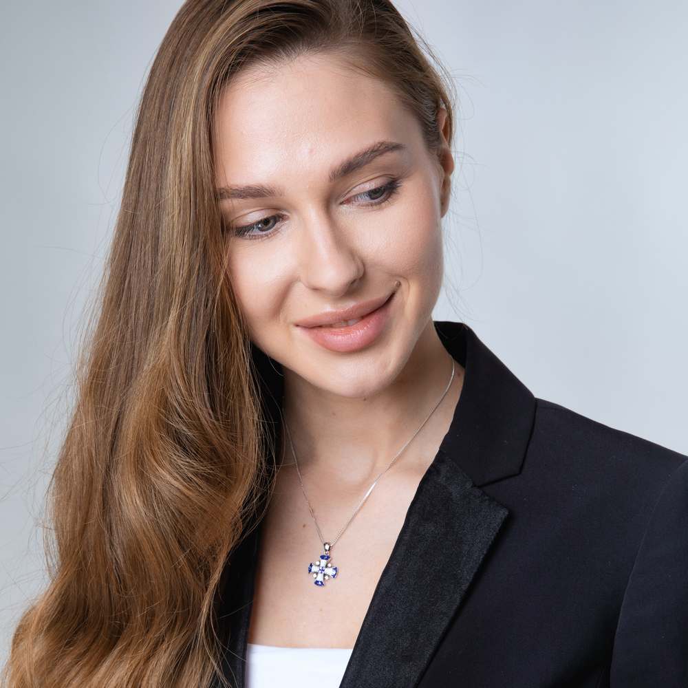 Blue and White Enamel Jerusalem Cross Pendant Necklace in 925 Sterling Silver with Cubic Zirconia – shown worn