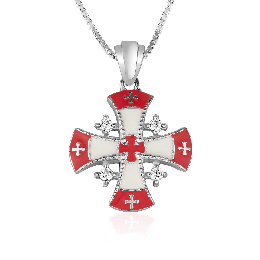 Jerusalem Cross red and white enamel pendant necklace in 925 sterling silver by Marina Jewelry
