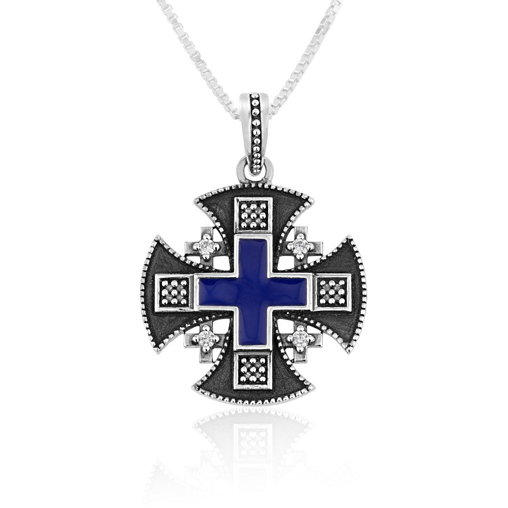 Blue enamel Jerusalem Cross pendant with cubic zirconia corner crosses in 925 sterling silver by Marina Jewelry