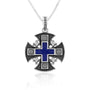 Blue enamel Jerusalem Cross pendant with cubic zirconia corner crosses in 925 sterling silver by Marina Jewelry