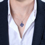 Blue Enamel Jerusalem Cross Pendant Necklace, Black Oxidized, 925 Sterling Silver – shown worn, close-up