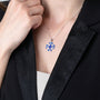 Blue Enamel Jerusalem Cross Pendant Necklace, Black Oxidized, 925 Sterling Silver – shown worn, close-up