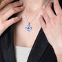 Blue Enamel Jerusalem Cross Pendant Necklace, Black Oxidized, 925 Sterling Silver – shown worn, close-up