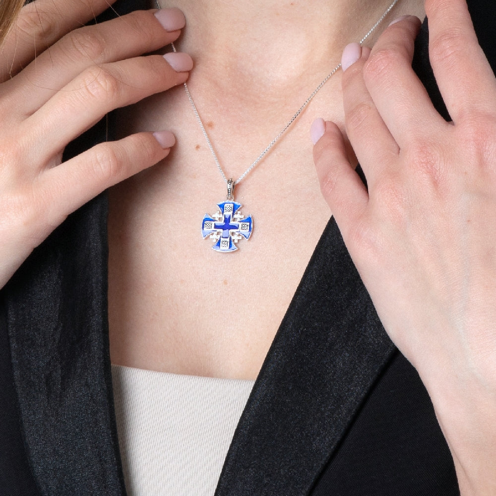 Blue Enamel Jerusalem Cross Pendant Necklace, Black Oxidized, 925 Sterling Silver – shown worn, close-up