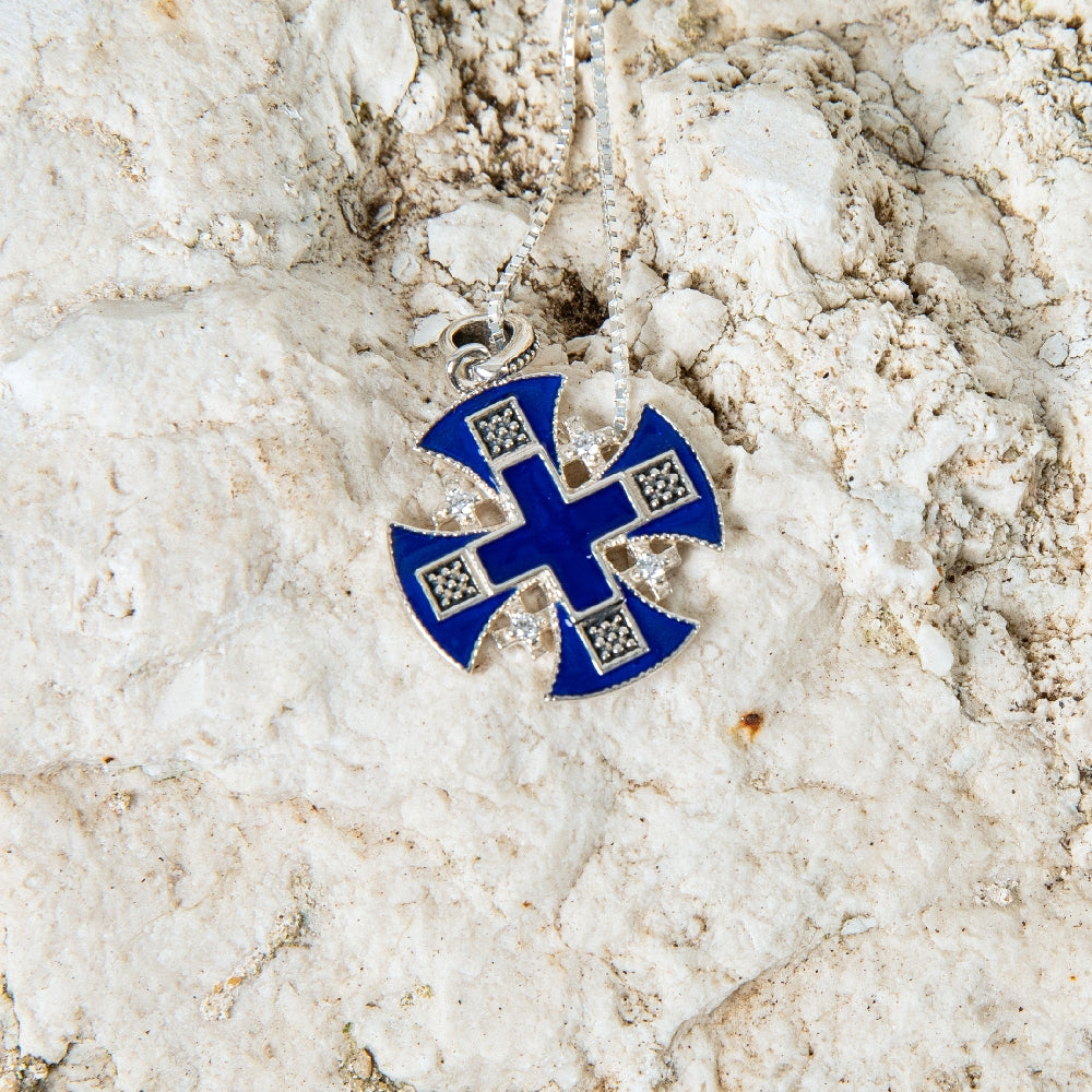 Blue Enamel Jerusalem Cross Pendant Necklace, Black Oxidized, 925 Sterling Silver – flat lay