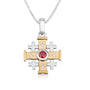 Two-tone gold and silver Jerusalem Cross pendant with garnet-red and clear cubic zirconia stones by Marina Jewelry