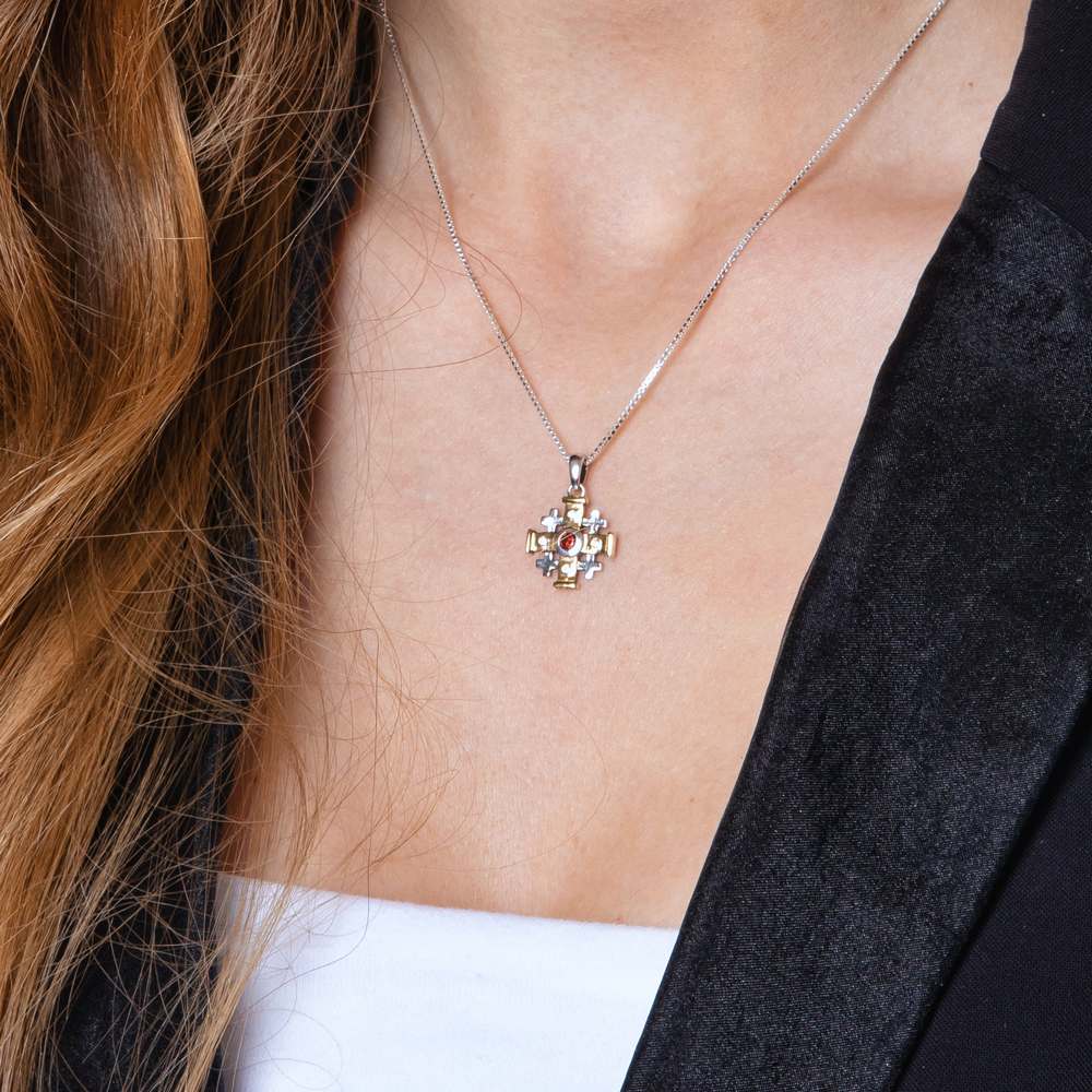 Two-Tone Jerusalem Cross Pendant Necklace in 925 Sterling Silver with Cubic Zirconia – shown worn, close-up