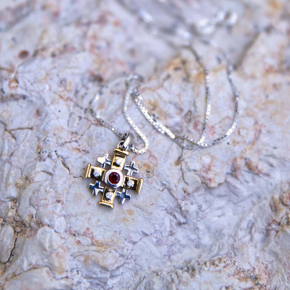 Two-Tone Jerusalem Cross Pendant Necklace in 925 Sterling Silver with Cubic Zirconia – flat lay