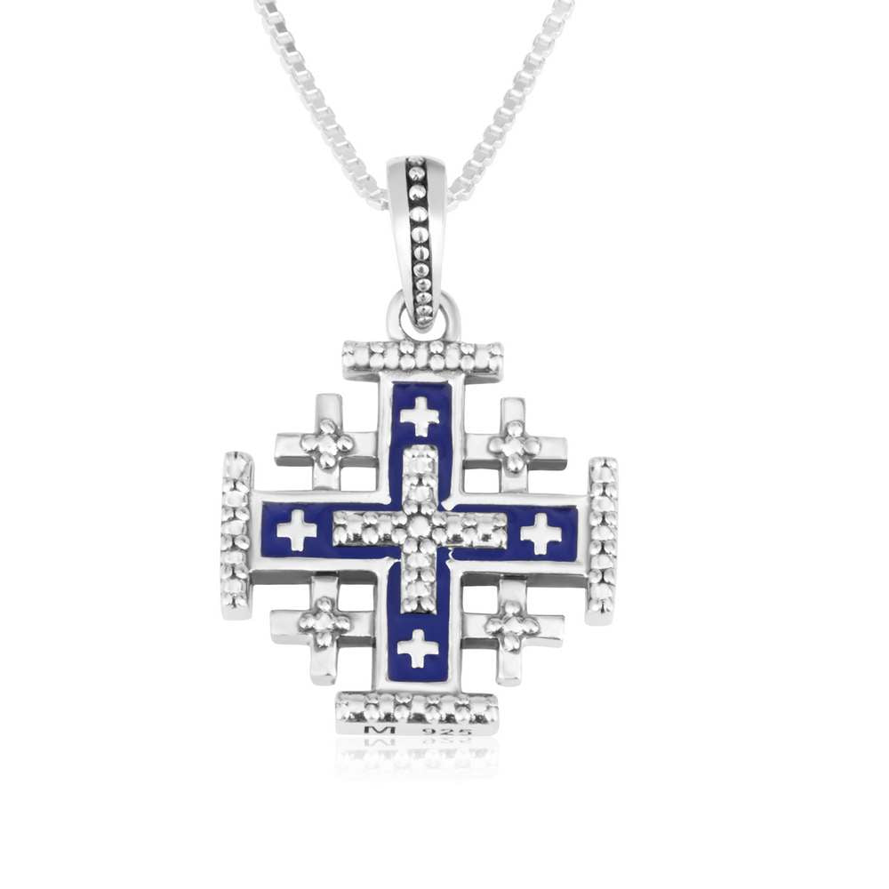 Jerusalem cross pendant necklace in 925 sterling silver with beaded border by Marina Jewelry
