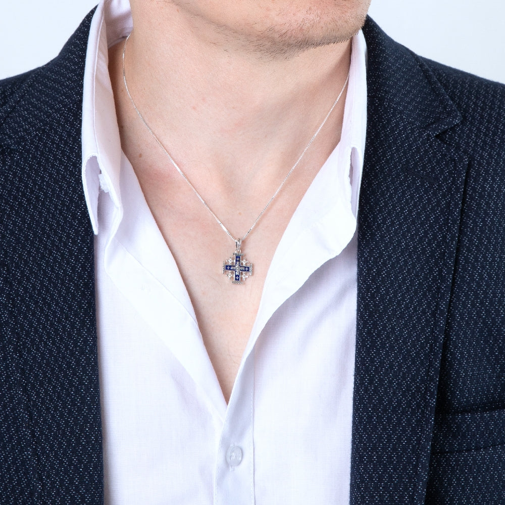 Jerusalem Cross Pendant Necklace in 925 Sterling Silver, Beaded Border – shown worn, close-up