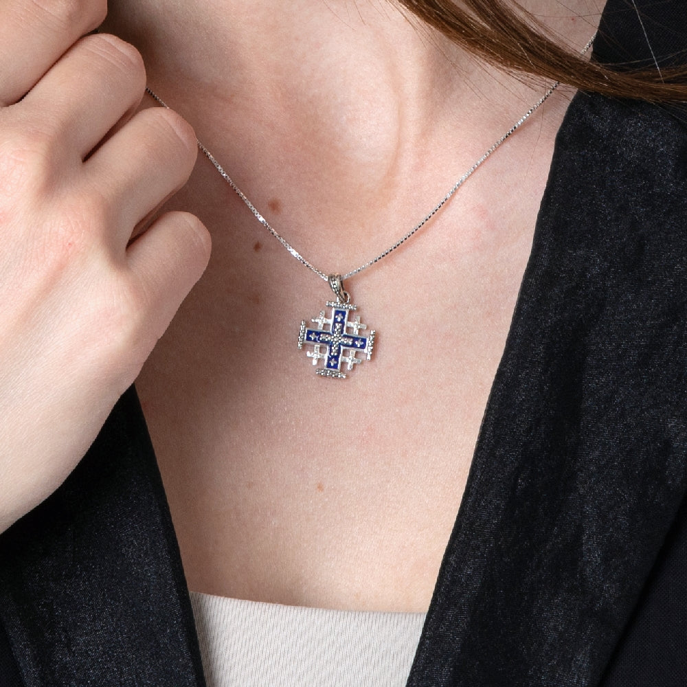 Jerusalem Cross Pendant Necklace in 925 Sterling Silver, Beaded Border – shown worn, close-up