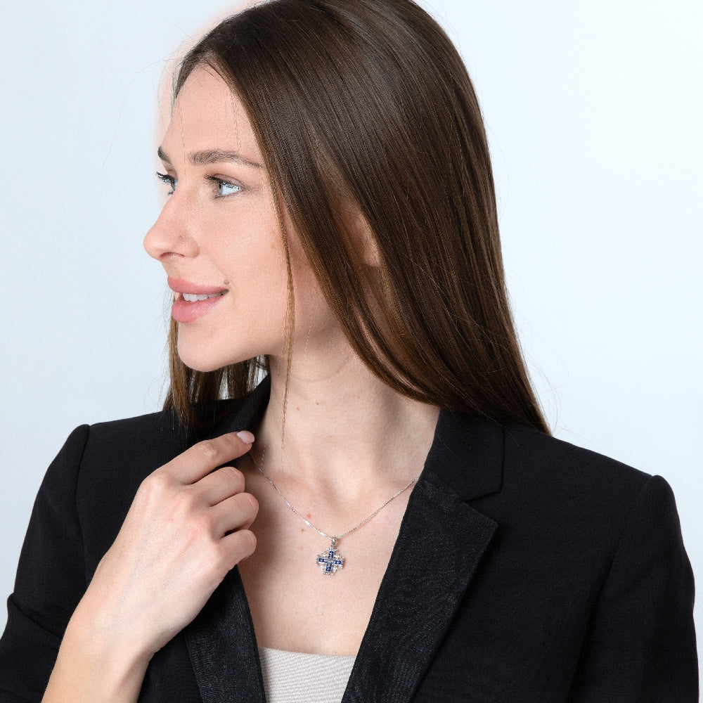 Jerusalem Cross Pendant Necklace in 925 Sterling Silver, Beaded Border – shown worn