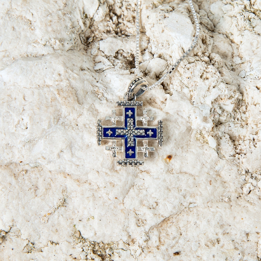 Jerusalem Cross Pendant Necklace in 925 Sterling Silver, Beaded Border – flat lay