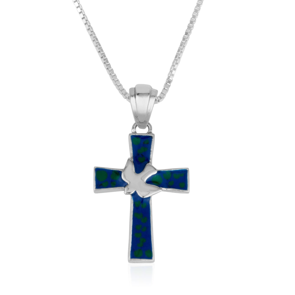 Eilat stone cross with dove pendant necklace in 925 sterling silver by Marina Jewelry