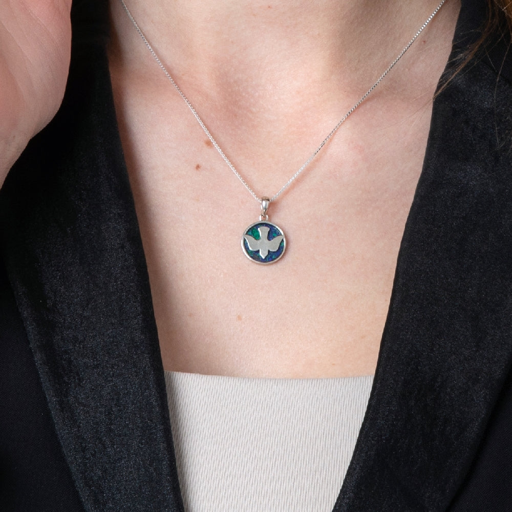 Dove Pendant Necklace in 925 Sterling Silver with Eilat Stone – shown worn, close-up