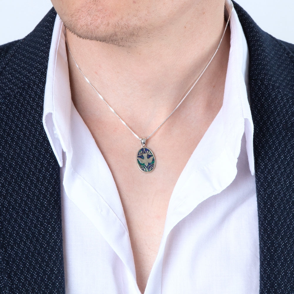Ornate Dove Pendant Necklace in 925 Sterling Silver with Eilat Stone – shown worn, close-up