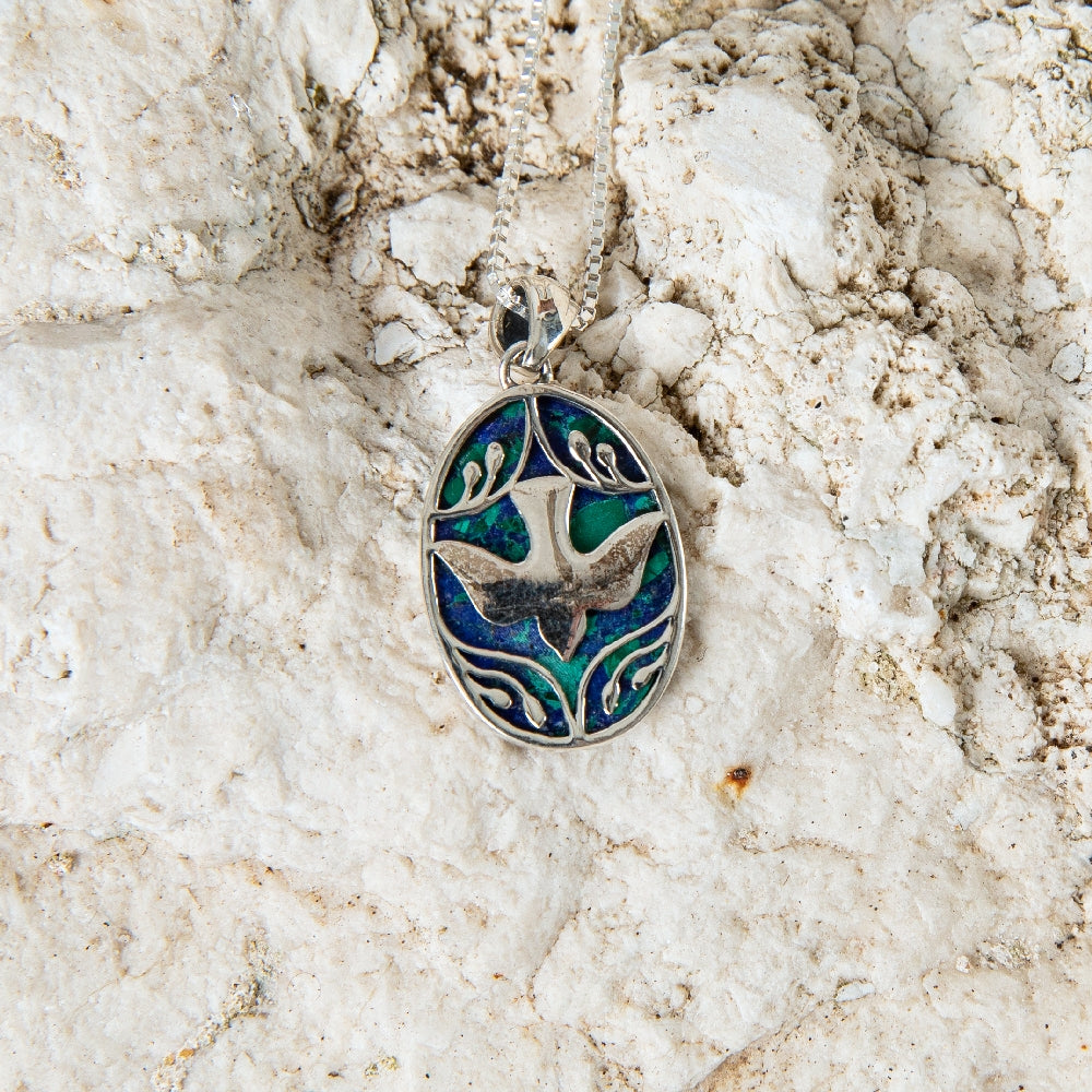 Ornate Dove Pendant Necklace in 925 Sterling Silver with Eilat Stone – flat lay
