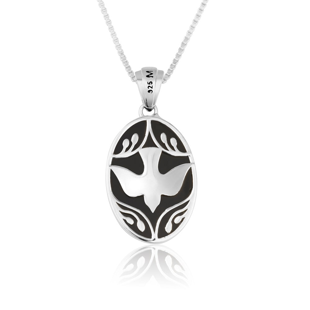 Dove on black onyx oval pendant necklace in 925 sterling silver by Marina Jewelry