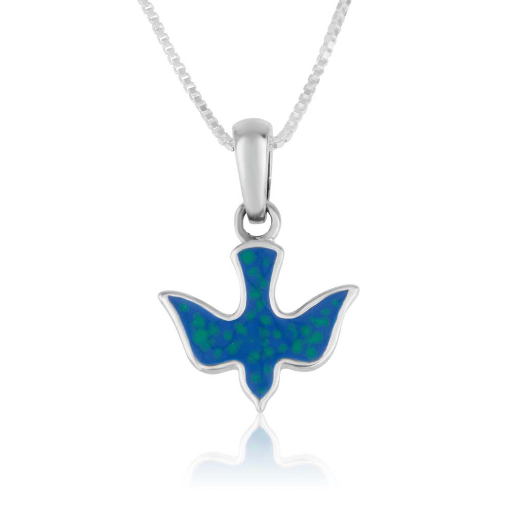 Small dove pendant filled in mottled blue-green enamel in 925 sterling silver by Marina Jewelry