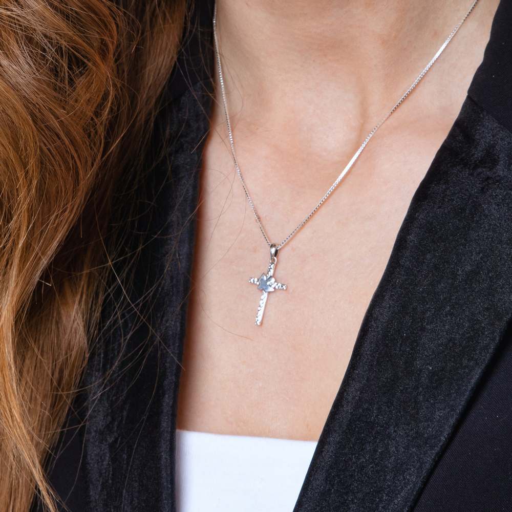Dove and Hammered Cross Pendant Necklace in 925 Sterling Silver – shown worn, close-up