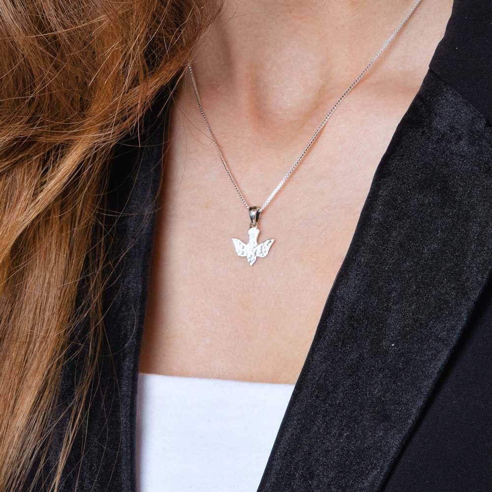 Hammered Dove Pendant Necklace in 925 Sterling Silver – shown worn, close-up